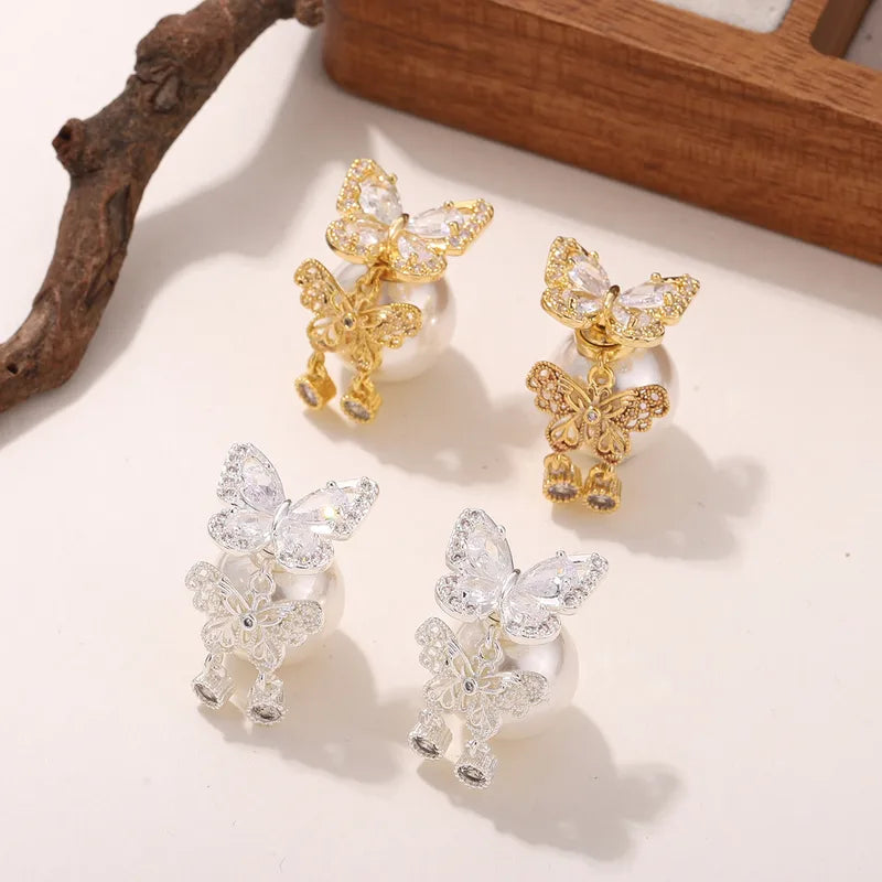 1 Pair Casual Elegant Glam Butterfly Copper Zircon 18K Gold Plated Electroplating Drop Earrings