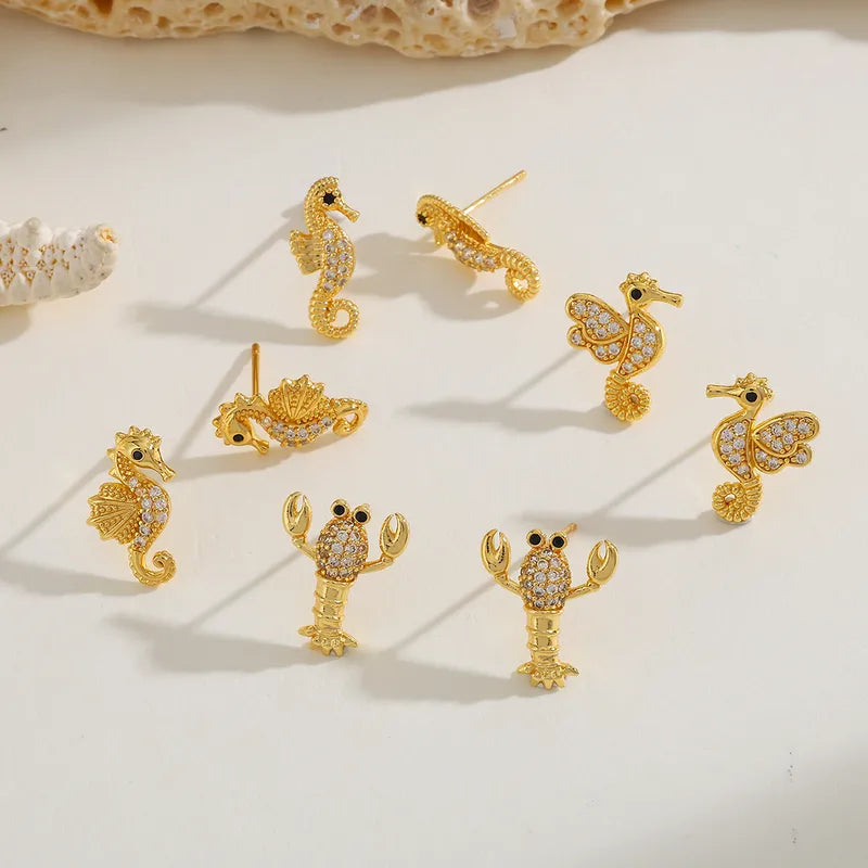 1 Pair Cute Basic Hawaiian Hippocampus Lobster Inlay Copper Zircon Imitation Gold Water Plating Ear Studs