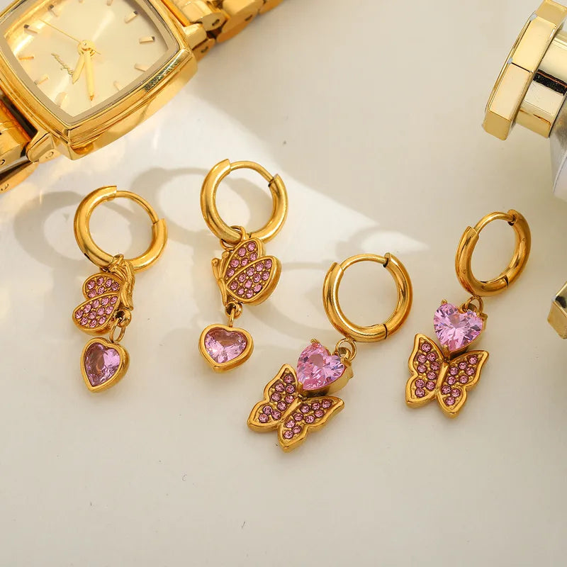 1 Pair Cute Simple Style Artistic Geometric Heart Shape Butterfly Plating Inlay 304 Stainless Steel Zircon 18K Gold Plated Drop Earrings Earrings