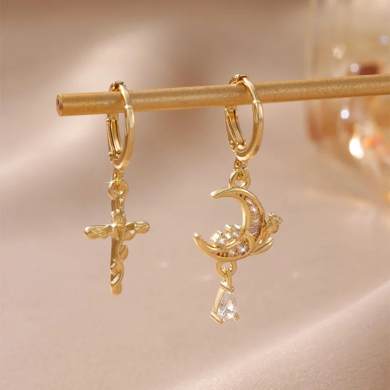 1 Pair Elegant Cute Artistic Cross Moon Inlay Copper Zircon Drop Earrings