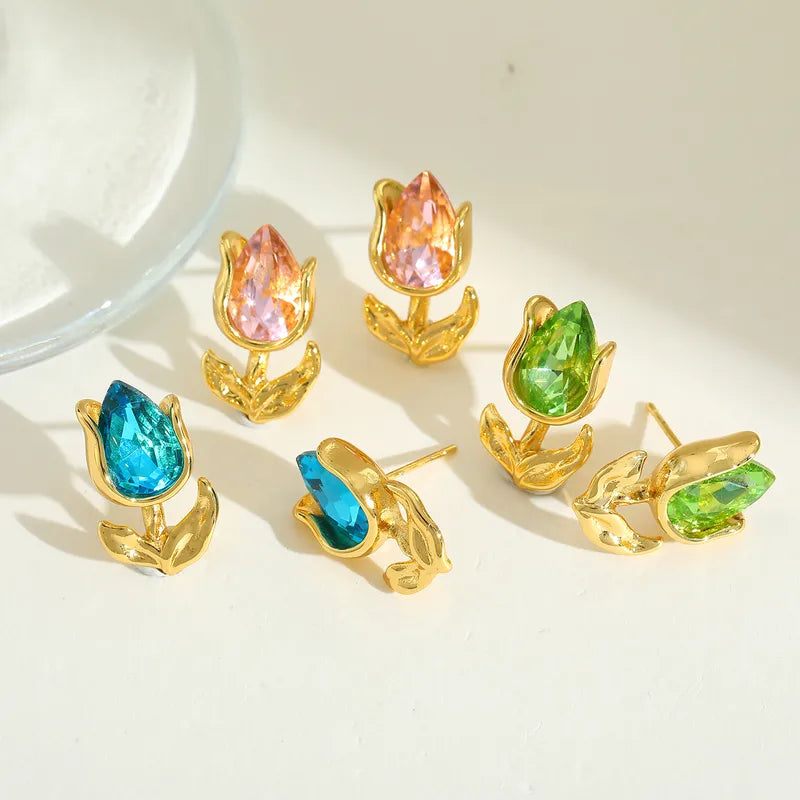 1 Pair Elegant Cute Romantic Geometric Flower Plating Inlay 304 Stainless Steel Zircon 18K Gold Plated Ear Studs