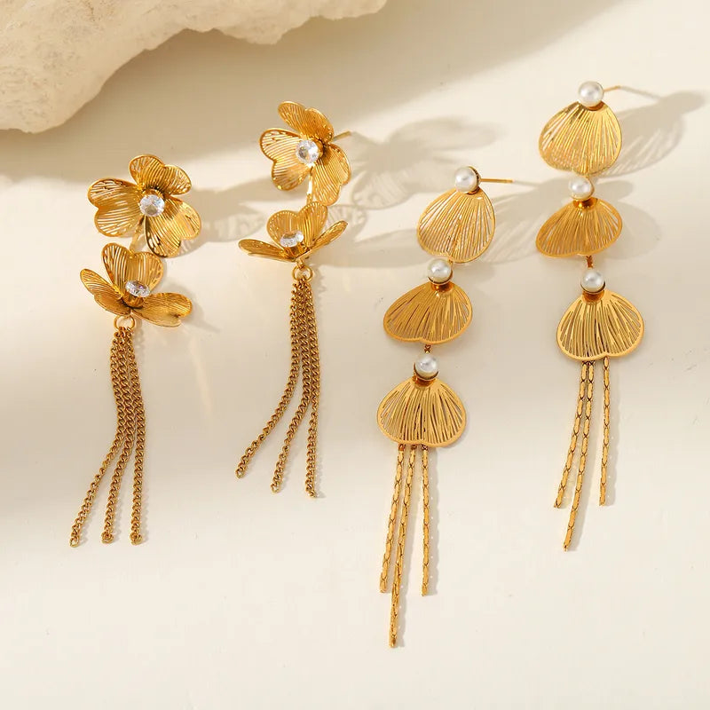 1 Pair Elegant Cute Simple Style Shamrock Geometric Flower Plating Inlay 304 Stainless Steel Imitation Pearl Zircon 18K Gold Plated Ear Studs