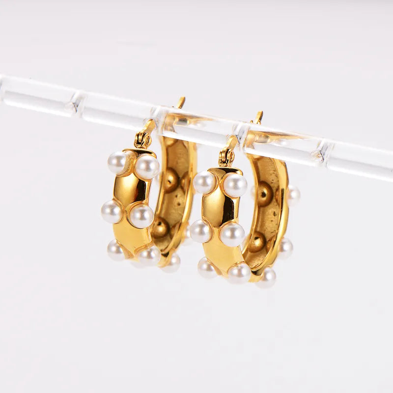 1 Pair Retro French Style Simple Style Oval Plating Inlay 304 Stainless Steel Pearl 18K Gold Plated Ear Studs
