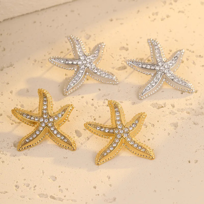 1 Pair Retro Marine Style Starfish Plating 304 Stainless Steel Zircon 18K Gold Plated Ear Studs