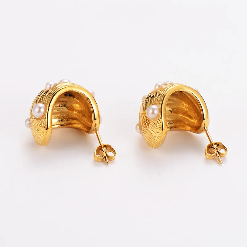 1 Pair Retro Simple Style Oval Plating Inlay 304 Stainless Steel Pearl 18K Gold Plated Ear Studs
