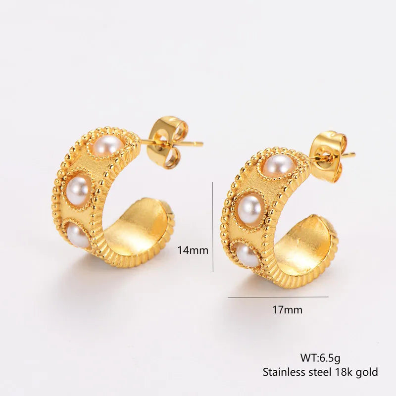 1 Pair Simple Style Classic Style C Shape Plating Inlay 304 Stainless Steel Pearl 18K Gold Plated Ear Studs