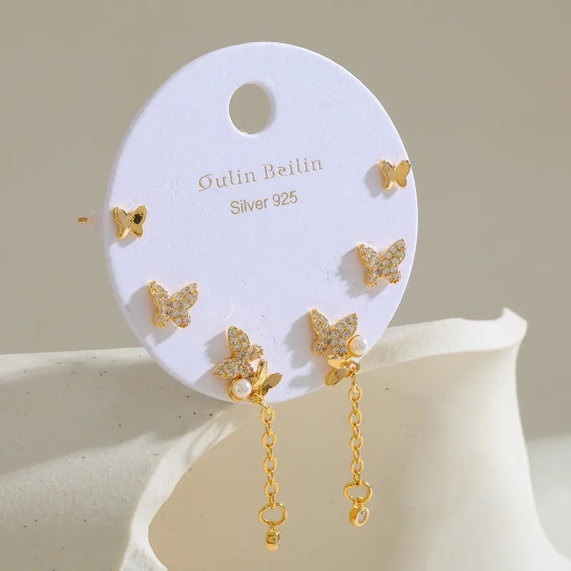14K Gold Plated Butterfly Chain Zircon Inlaid Artificial Pearl Earring Set