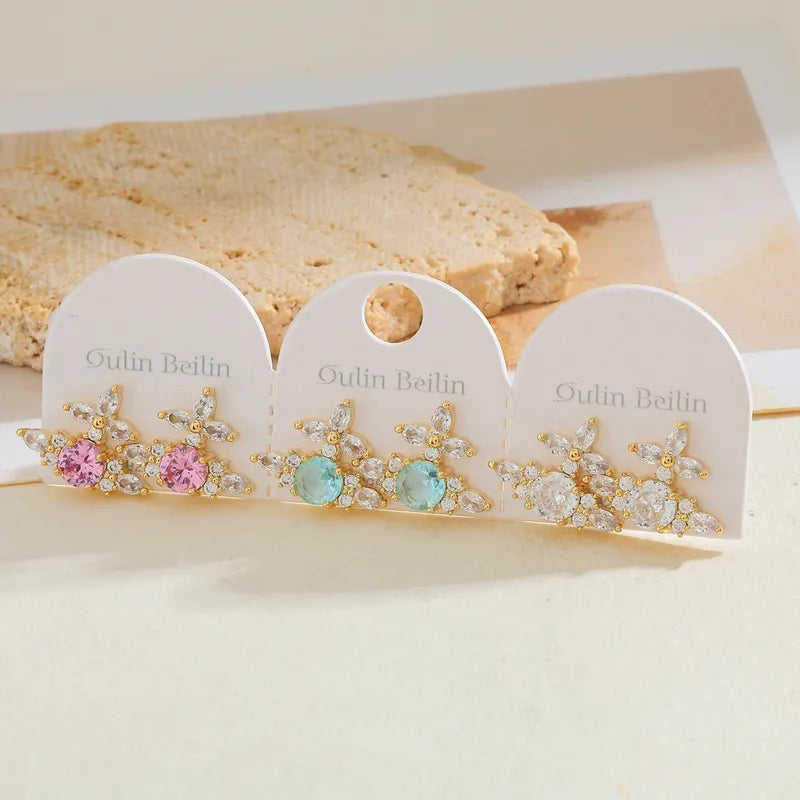 14K Gold Plated Copper Flower Zircon Earrings Simple Style For Women