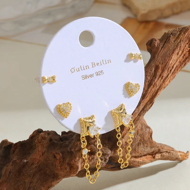 14K Gold Plated Copper Four-Pointed Star Bowknot Heart Zircon Artificial Pearl Earring Set