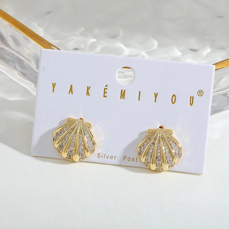 14K Gold Plated Copper Shell Earrings With Embedded Zirconia Stones Women's Fashion Jewelry Ear Cuffs For Casual Dates Selfies Festivals