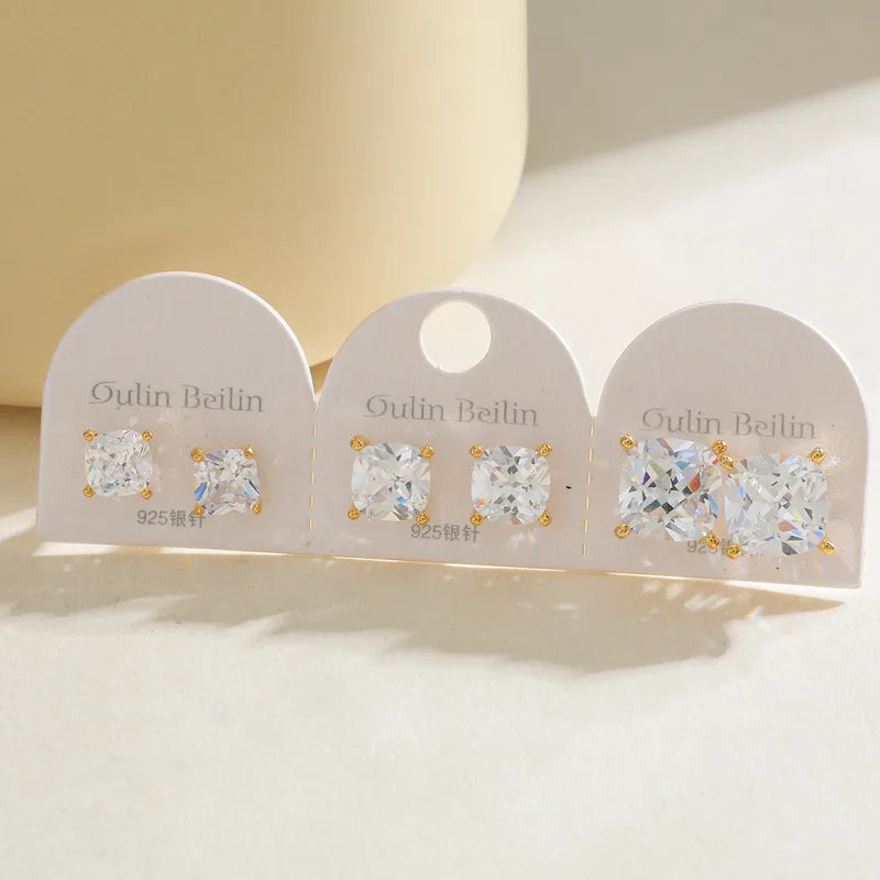 14K Gold Plated Copper Square Zircon Earrings Simple Style For Women