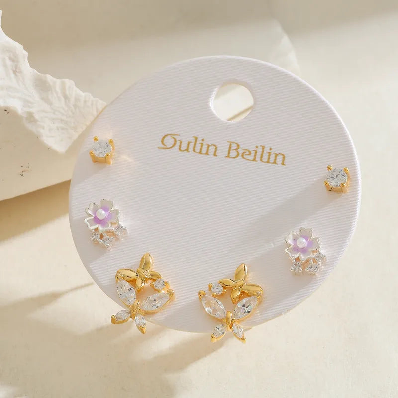 14K Gold Plated Copper Zircon Inlaid Flower Butterfly Earring Set