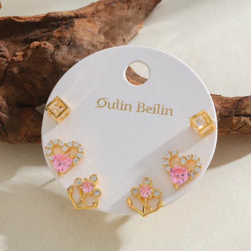 14K Gold Plated Copper Zircon Inlaid Heart-Shaped Geometric Stud Earrings Set Valentine's Day Arrow Simple Style