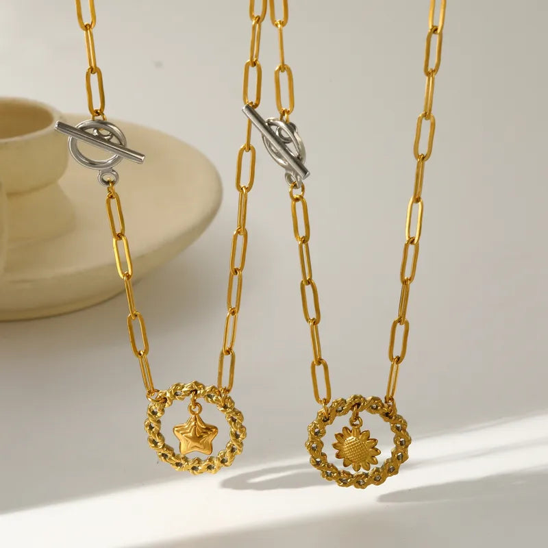 18K Gold Plated 201 Stainless Steel Vacuum Electroplating (In Furnace) Round Star Flower Electroplating Classic Paperclip Chain Pendant Necklace For Women