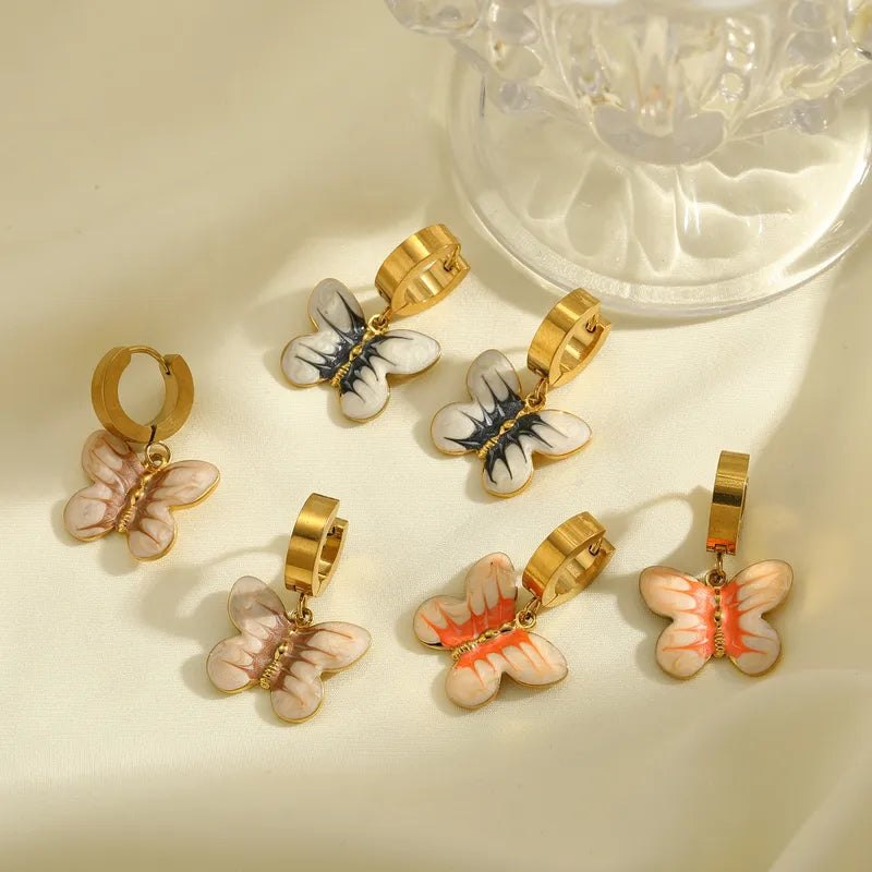 18K Gold Plated 304 Stainless Steel Vacuum Electroplating (In Furnace) Butterfly Oil Drop Earrings For Women