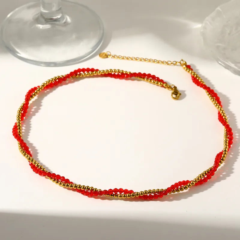 18K Gold Plated 304 Stainless Steel Vacuum Electroplating (In Furnace) Crystal Round Beaded Chain Double Layer Electroplated Necklace For Women