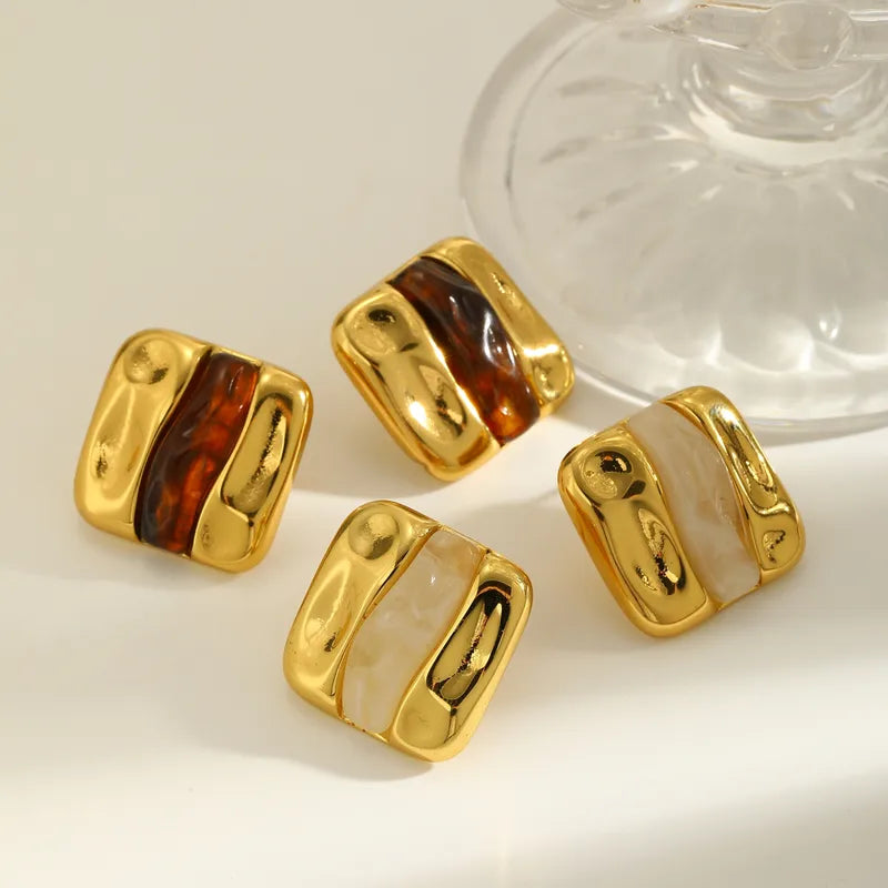 18K Gold Plated 304 Stainless Steel Vacuum Electroplating (In Furnace) Resin Square Earrings For Women