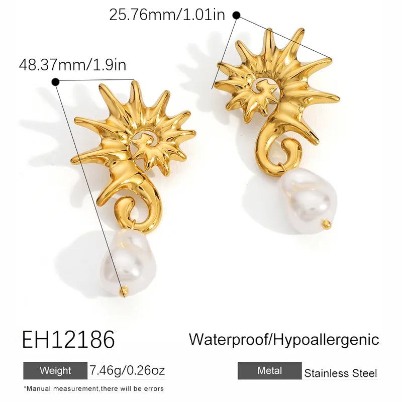 18K Gold Plated 304 Stainless Steel Vacuum Electroplating (In Furnace) Seahorse Beaded Earrings Light Luxury For Women
