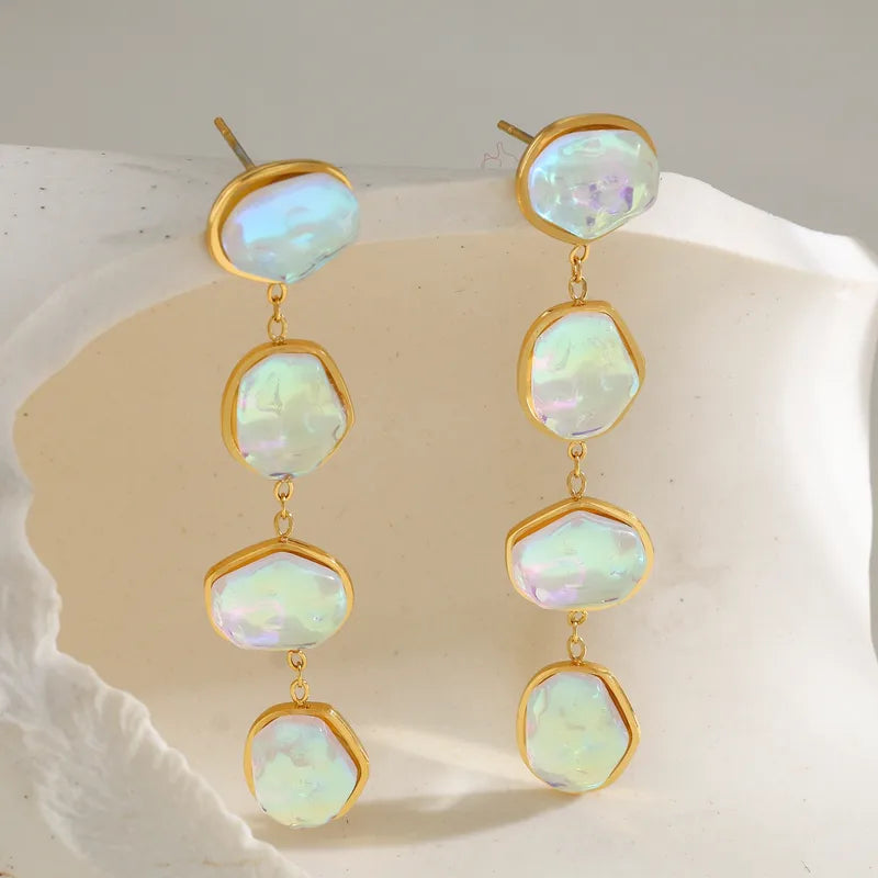 18K Gold Plated 304 Stainless Steel Vacuum Electroplating (In Furnace) Zircon Geometric Tassel Iridescent Earrings For Women Valentine's Day