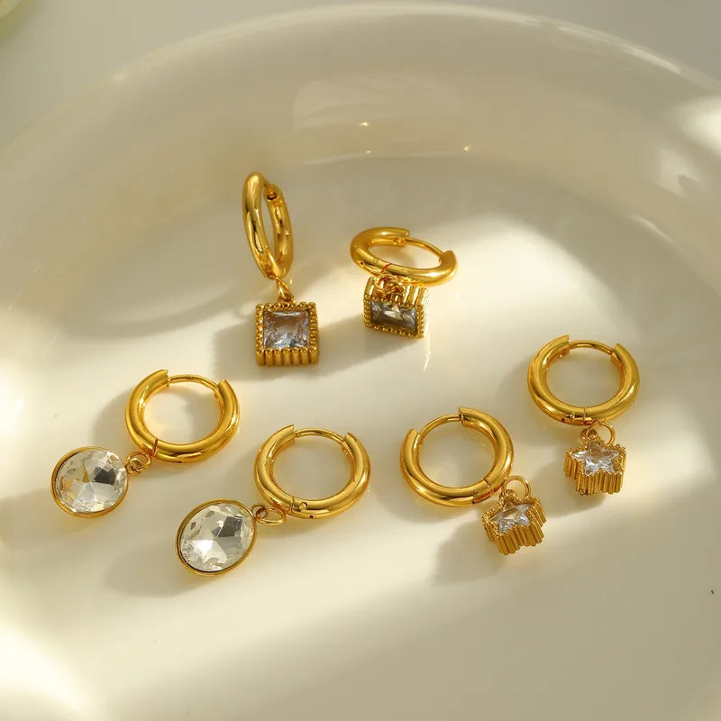 18K Gold Plated 304 Stainless Steel Vacuum Electroplating (In Furnace) Zircon Round Square Star Electroplating Simple Style Earrings For Women