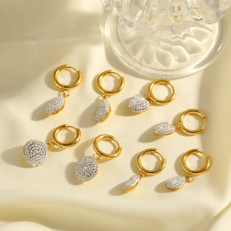 18K Gold Plated 304 Stainless Steel Vacuum Electroplating (In Furnace) Zircon Round Water Drop Heart-shaped Earrings For Women Valentine's Day