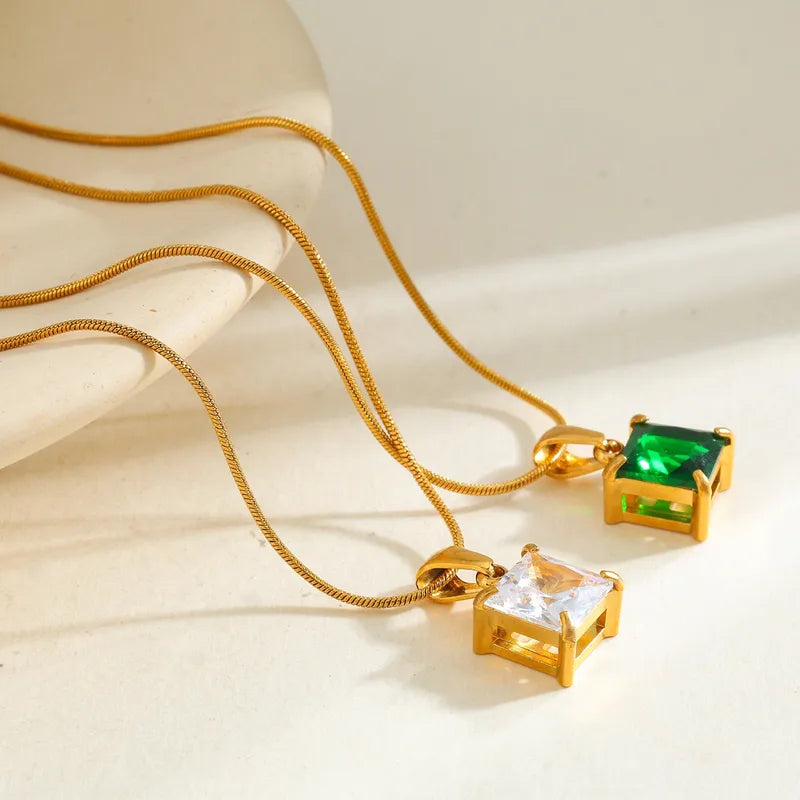 18K Gold Plated 304 Stainless Steel Vacuum Electroplating (In Furnace) Zircon Square Snake Chain Vintage Classic Electroplating Pendant Necklace For Women
