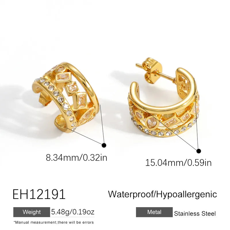 18K Gold Plated Diamond Inlaid Zircon Vintage Style Fashion U-Shaped 304 Stainless Steel Earrings