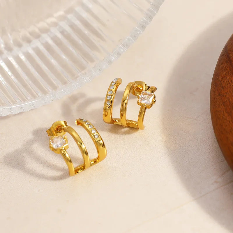 18K Gold Plated Inlaid Row Diamond Fake Three-Piece U-Shaped Zircon Simple Fashion 304 Stainless Steel Earrings