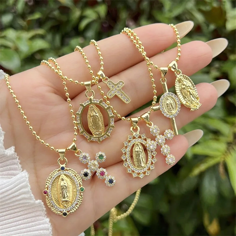 18K Gold Plated Multi-style Virgin Mary Cross Combination Zircon Necklace Classic Simple Style Daily Wear Gift Copper Pendant Lobster Clasp