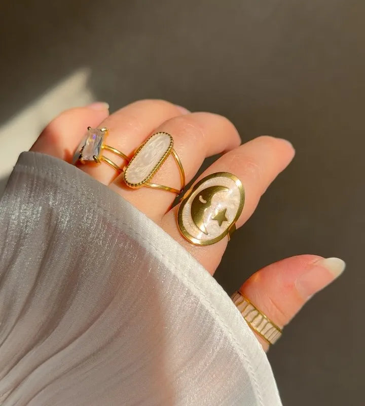 18K Gold Plated Stainless Steel Open Ring Adjustable Size Heart And Flower Pattern Rings For Women Casual Original Design Jewelry