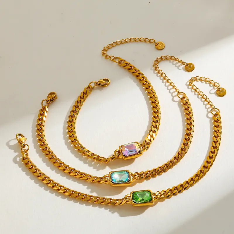 18K Gold Plated Stainless Steel Rectangular Zirconia Embedded Bracelet Casual Elegant Cute Women's Style Lobster Clasp Bracelet