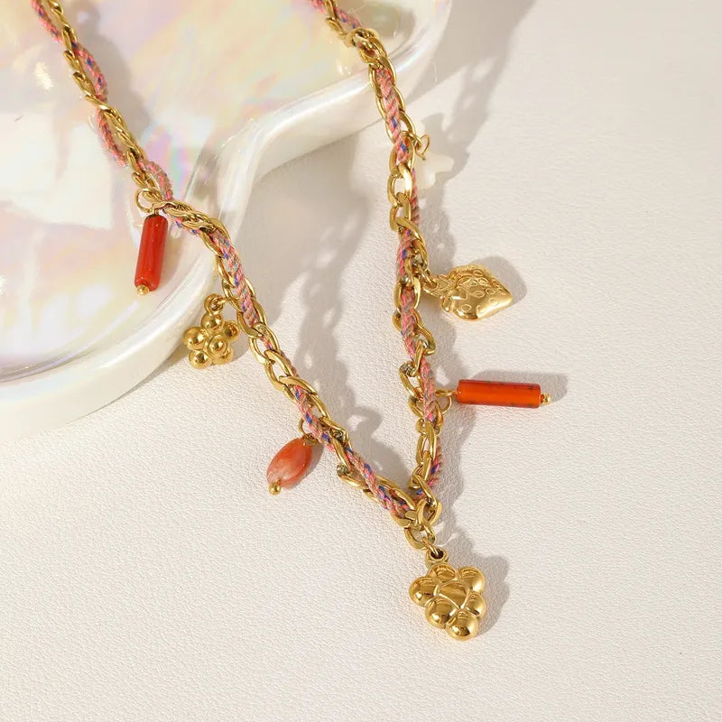 18K Gold Plated Stainless Steel Strawberry Flower Rope Chain Necklace Elegant Casual Beach Date Festival Jewelry Accessory