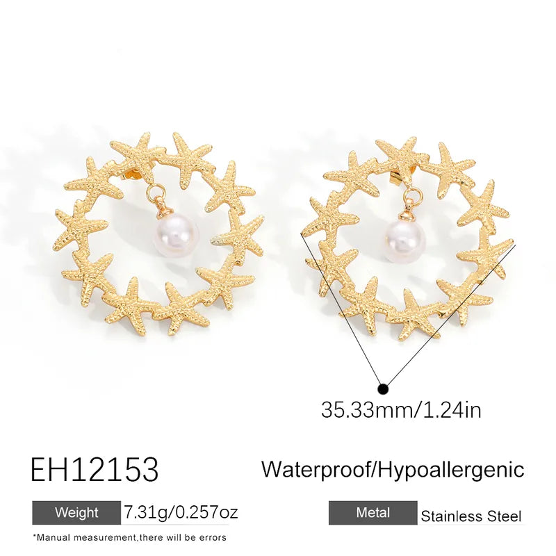 18K Gold Plated Starfish And Pearl Pendant Fashion OL304 Stainless Steel Earrings Glass