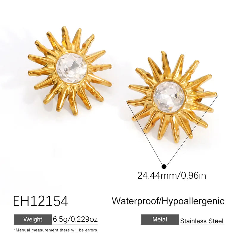 18K Gold Plated Vacuum Electroplating (In Furnace) Inlaid Diamond Sunflower Simple Fashion OL 304 Stainless Steel Earrings