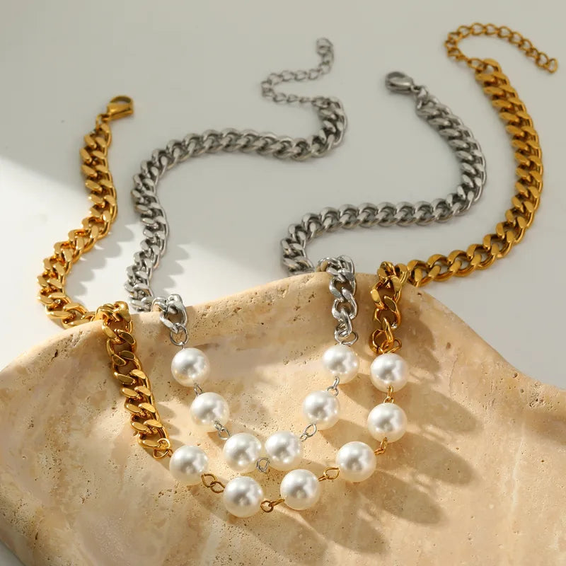 201 Stainless Steel Round Vacuum Electroplating (In Furnace) Plated 18K Real Gold Artificial Pearl Elegant Romantic Lobster Clasp Necklace