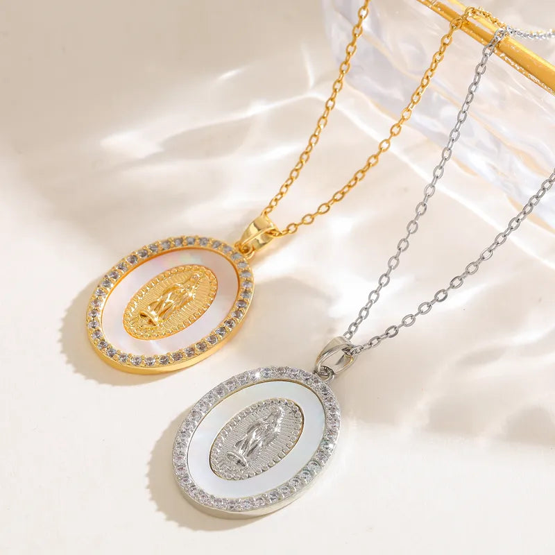 304 Stainless Steel 18K Gold Plated Vacuum Electroplating (In Furnace) Shell Zircon Virgin Mary Oval Religious Copper Pendant Elegant Vintage Inlaid Necklace