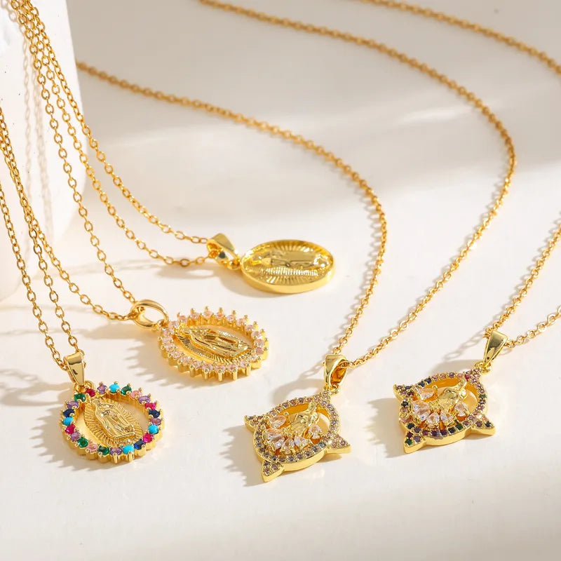 304 Stainless Steel 18K Gold Plated Zircon Vacuum Electroplating (Furnace) Water Plating Virgin Mary Oval Religious Copper Pendant Elegant Retro Simple Style Necklace