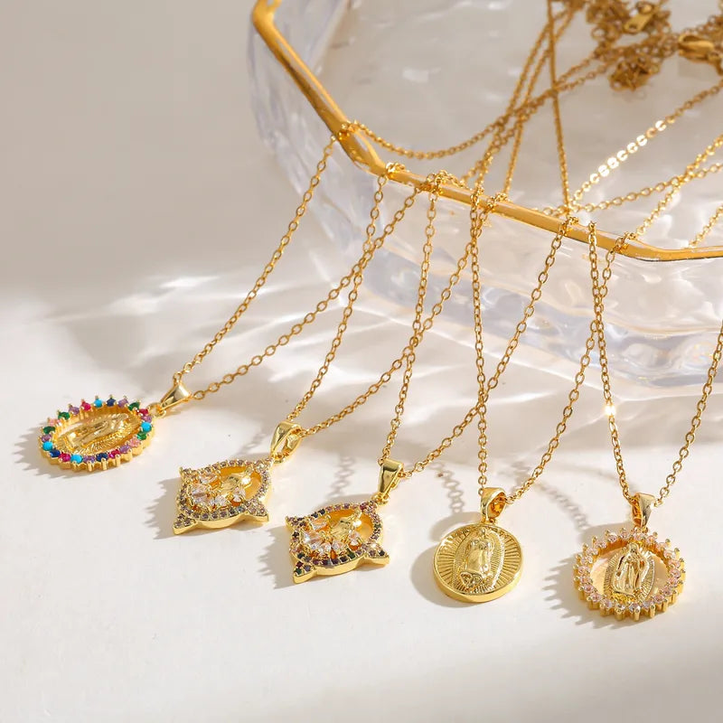 304 Stainless Steel 18K Gold Plated Zircon Vacuum Electroplating (Furnace) Water Plating Virgin Mary Oval Religious Copper Pendant Elegant Retro Simple Style Necklace