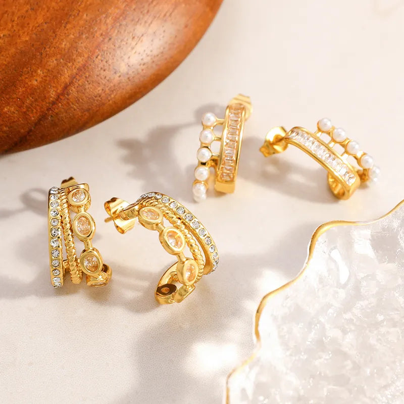 304 Stainless Steel C-Shaped Vacuum Electroplating (In Furnace) 18K Real Gold Plated Inlaid With Imitation Pearl Rhinestone Zircon Fashion OL Elegant Earrings