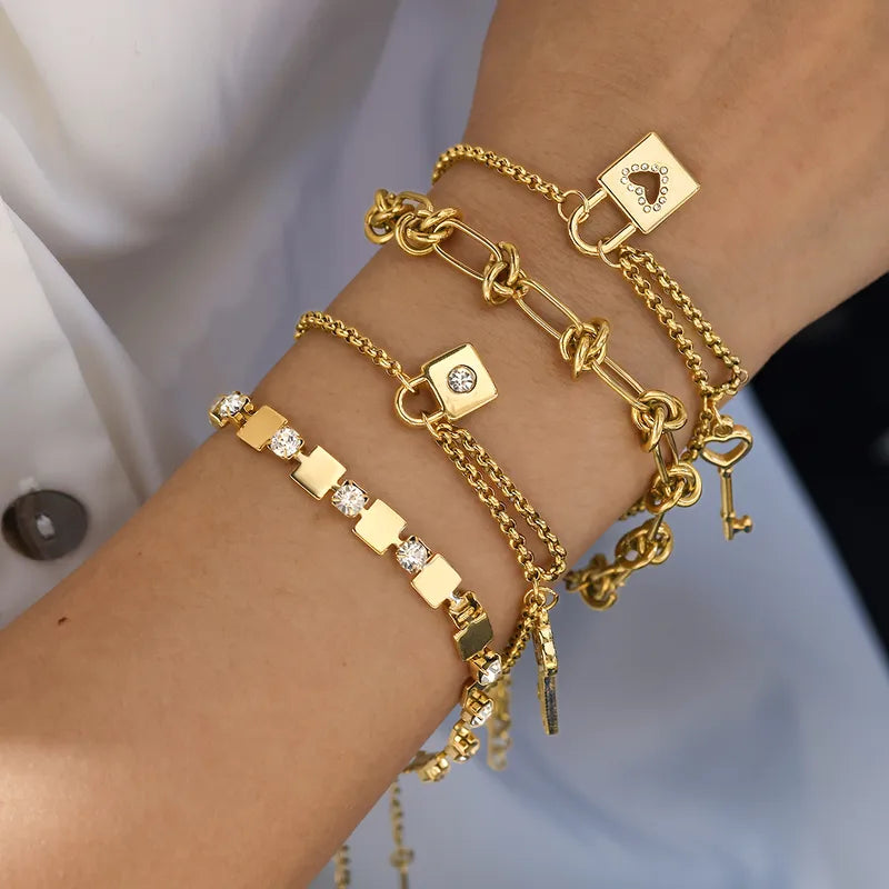 304 Stainless Steel Gold Plated Vacuum Electroplating (In Furnace) Heart-Shaped Key Lock-Shaped Rhinestone Gold Women's Lobster Clasp Bracelet