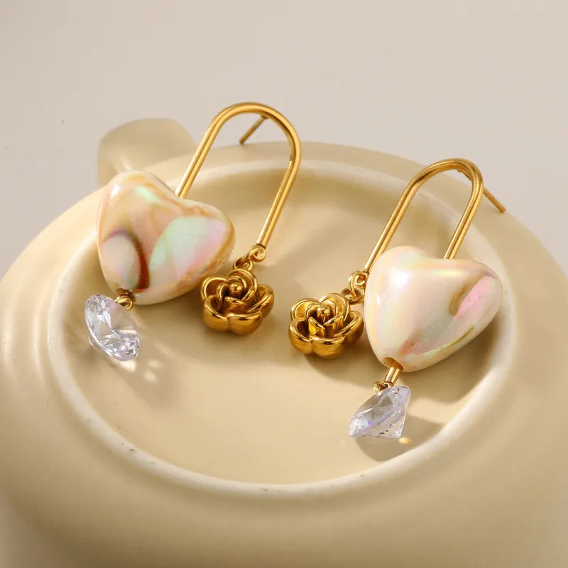 304 Stainless Steel Heart-Shaped Vacuum Electroplating (In-Furnace) 18K Real Gold Plated No Inlay Material White Gold Suitable For Women Earrings