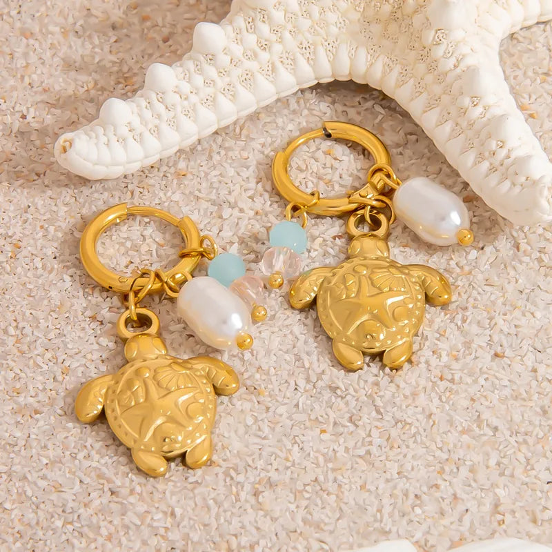 304 Stainless Steel Imitation Pearl Glass Tortoise Pearl PVD Coated Stone-Free 18K Real Gold Plated Earrings