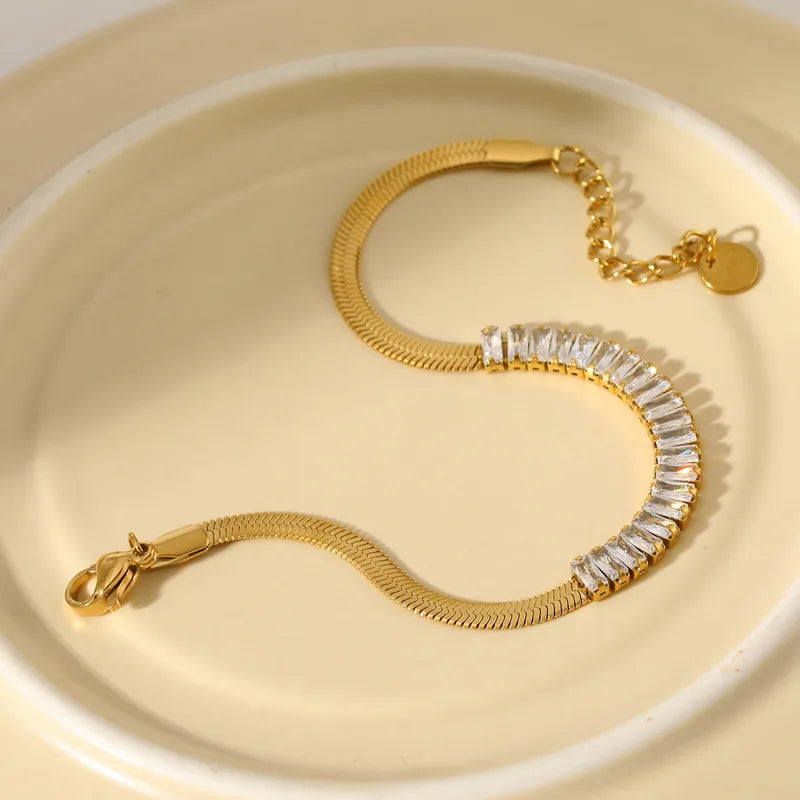 304 Stainless Steel Irregular Geometric Vacuum Electroplating (In Furnace) Plated 14K Real Gold Zircon Flat Snake Chain Gold Pure Chain Bracelet