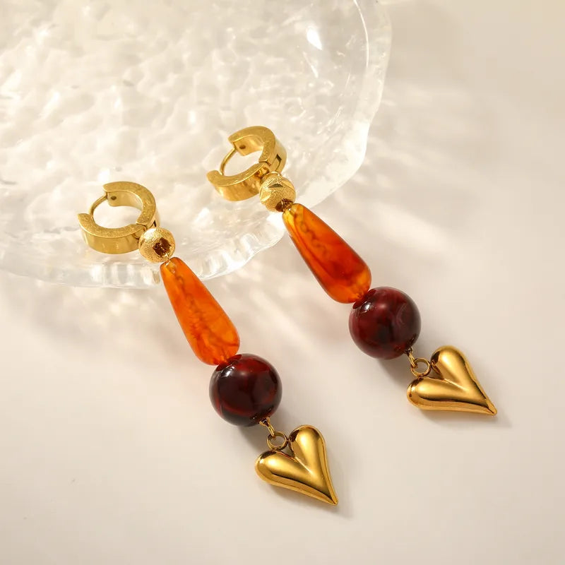 304 Stainless Steel Round Water Drop Heart Shape Vacuum Electroplating (In Furnace) Plated 18K Real Gold Resin Vintage Brown Gold Earrings