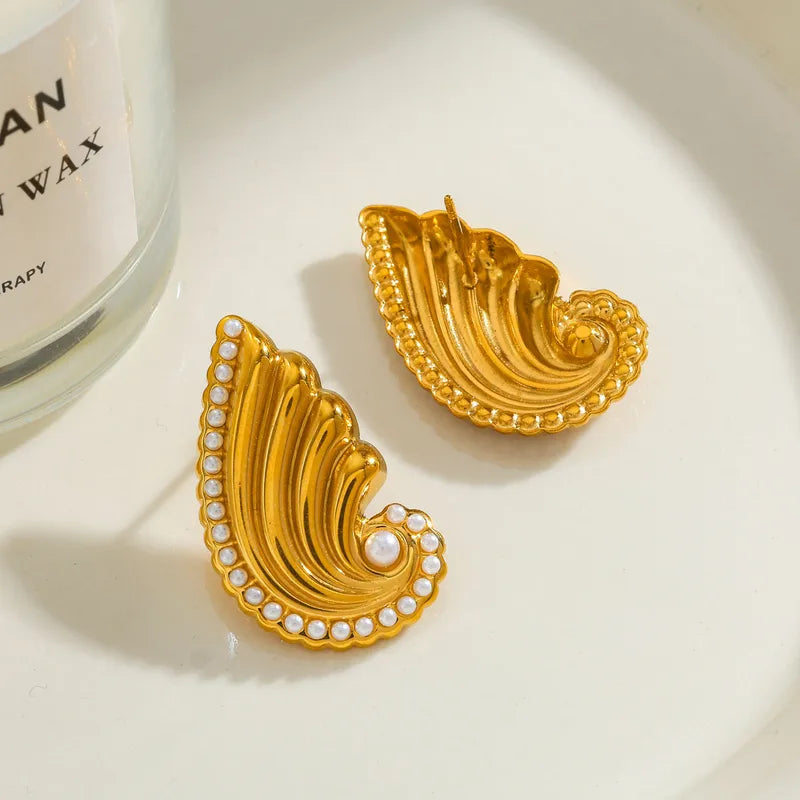 304 Stainless Steel Vacuum Electroplating (In Furnace) Plated 18K Real Gold Artificial Pearl Wing Earrings