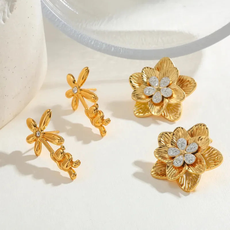304 Stainless Steel Water Plated 18K Real Gold Zircon Flower Inlaid Earrings Sweet Cute Daily Casual Basic Style For Women