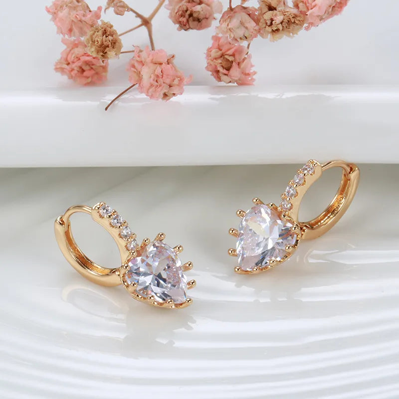 585 Rose Gold Earrings Women's Simple Heart Shaped Zirconia Studs Fashionable Personality Jewelry Geometric Pattern Copper