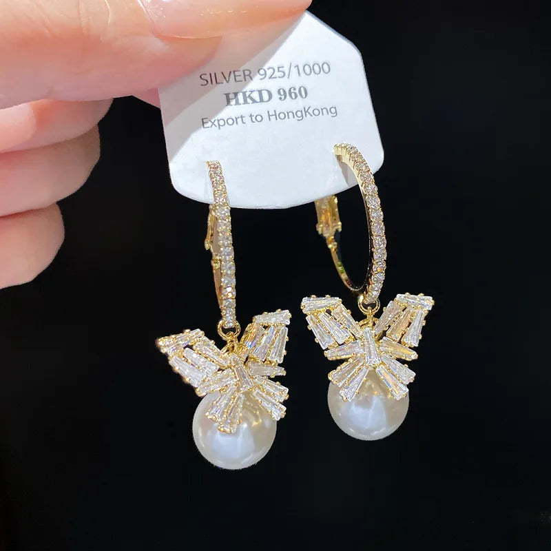 925 Sterling Silver Butterfly Pearl Earrings Silver Shiny Zircon Women's Hook Earrings Jewelry Design