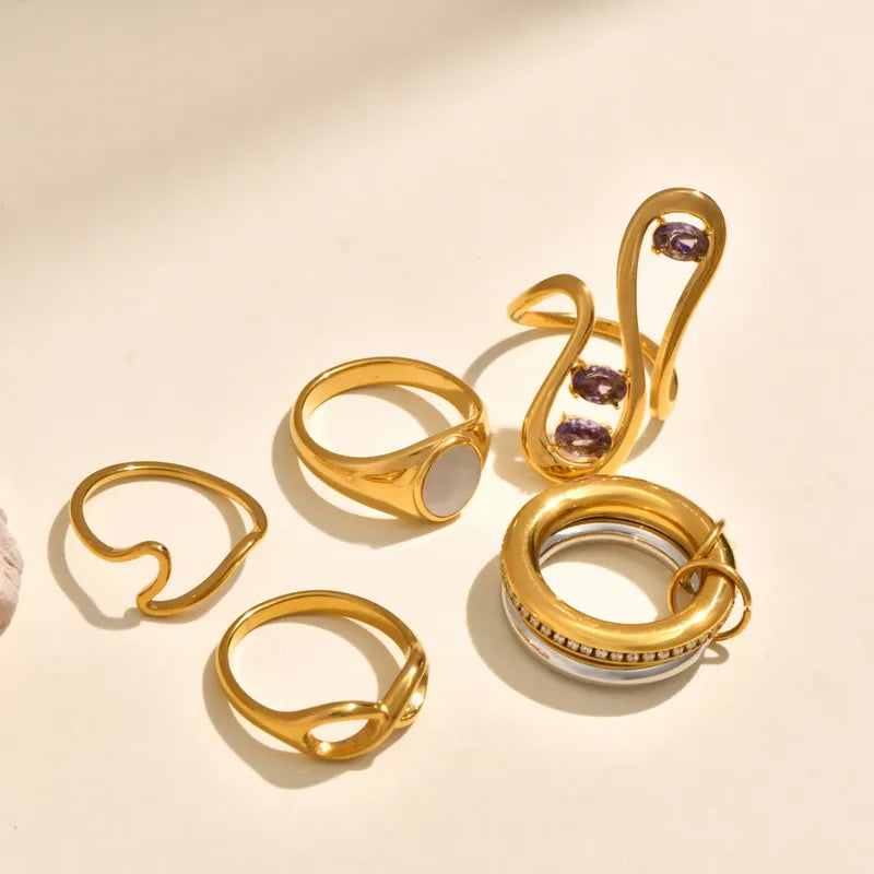 Abstract Sea Gull Inlaid Zircon Titanium Steel 18K Gold Plated White Mother Of Pearl Ring Elegant Vintage Simple Style For Women