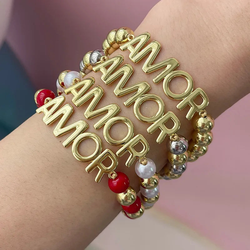 Beach Theme Letter Pearl Bracelet Women Elegant Personality Large And Small Pearls Full Of Diamonds Necklace And Bracelet